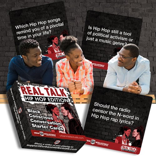 Real Talk Hip Hop Edition featuring friends having conversation over questions in the card.