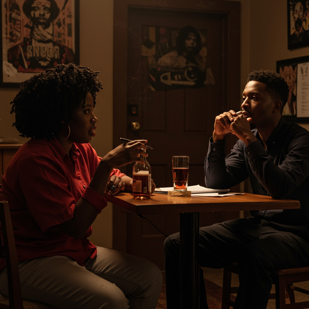 Illustration of a diverse Black family standing united and determined with symbolic landmarks in the background