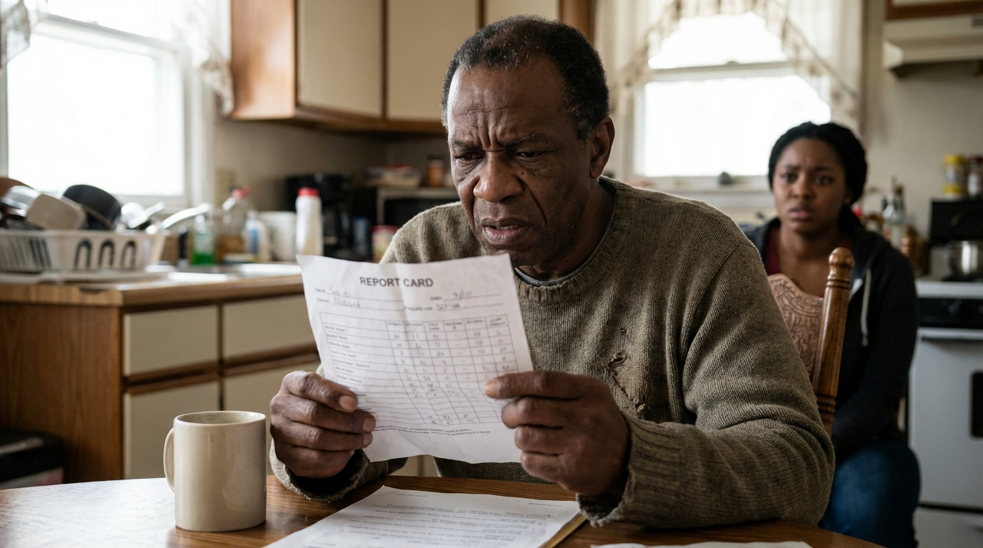 Concerned Black parent looking at school report card in kitchen