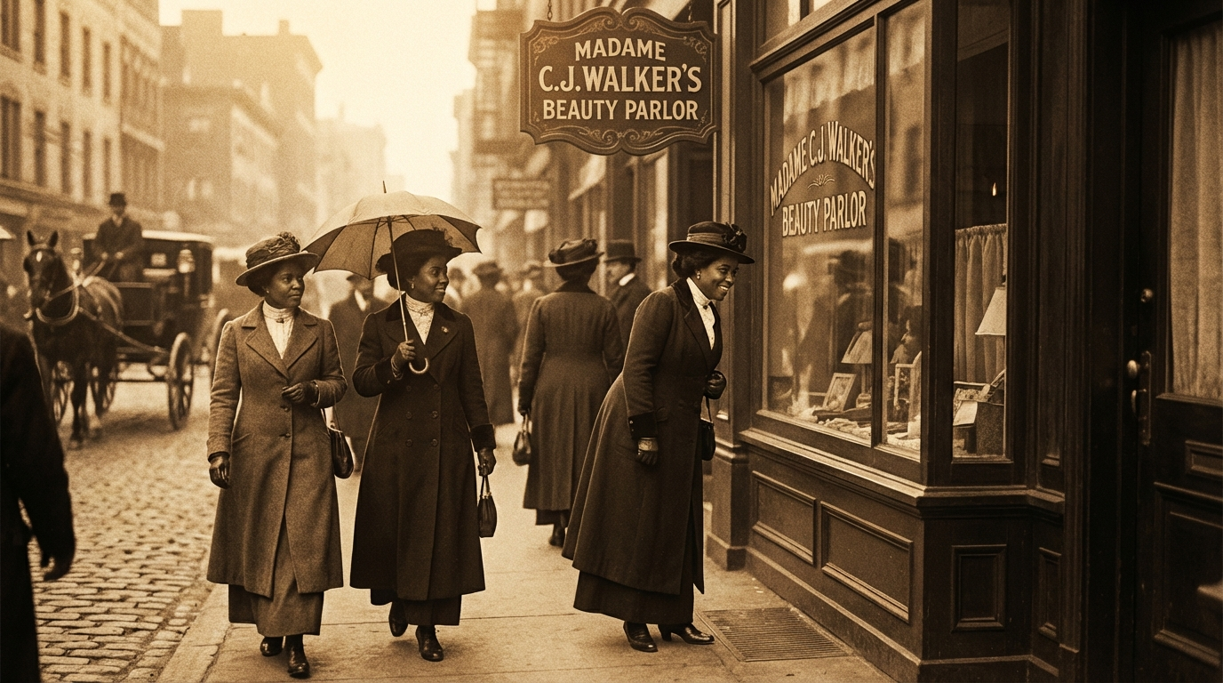 Vintage Black-owned beauty business storefront from the 1910s