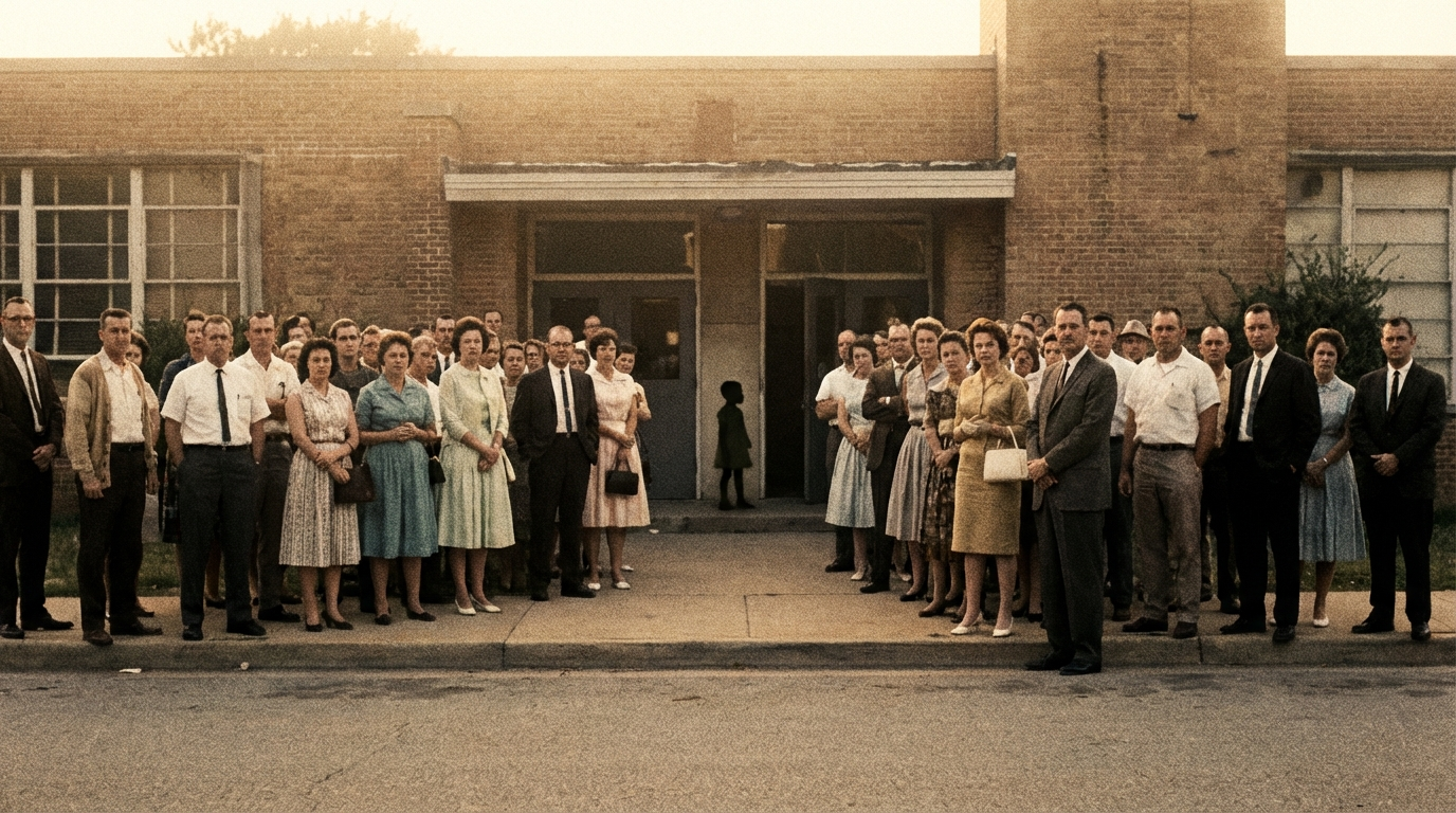 Crowd outside school during desegregation of William Frantz Elementary