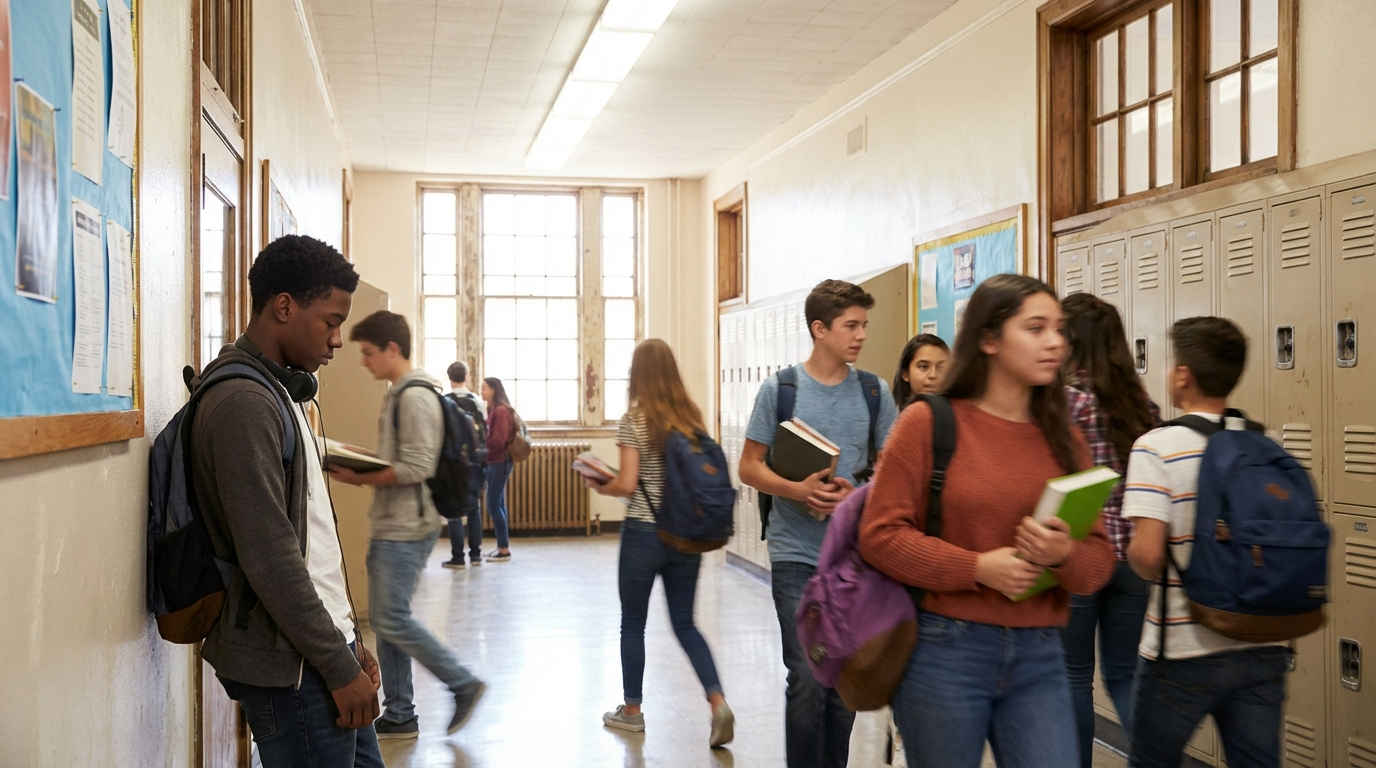 Black teenager in school hallway looking contemplative
