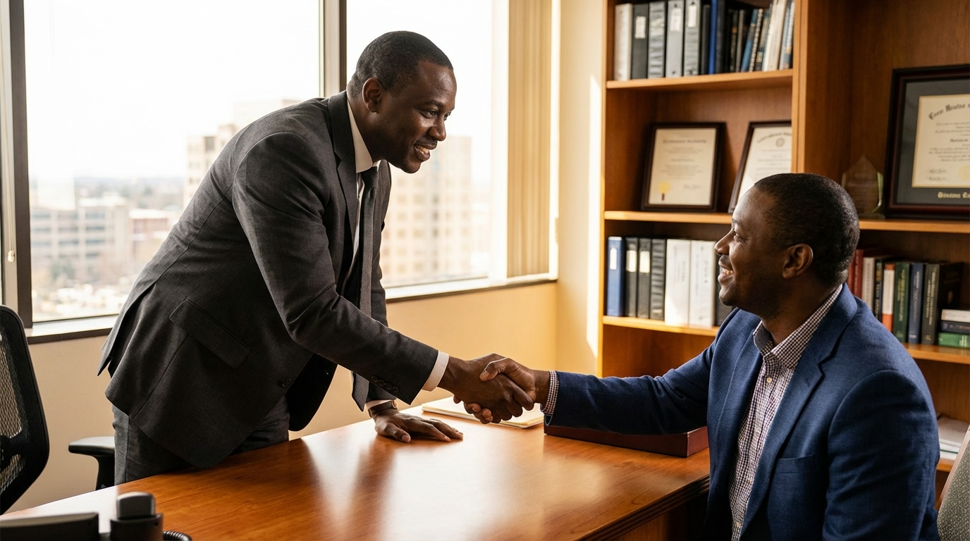 Black banker shaking hands with Black small business owner at desk