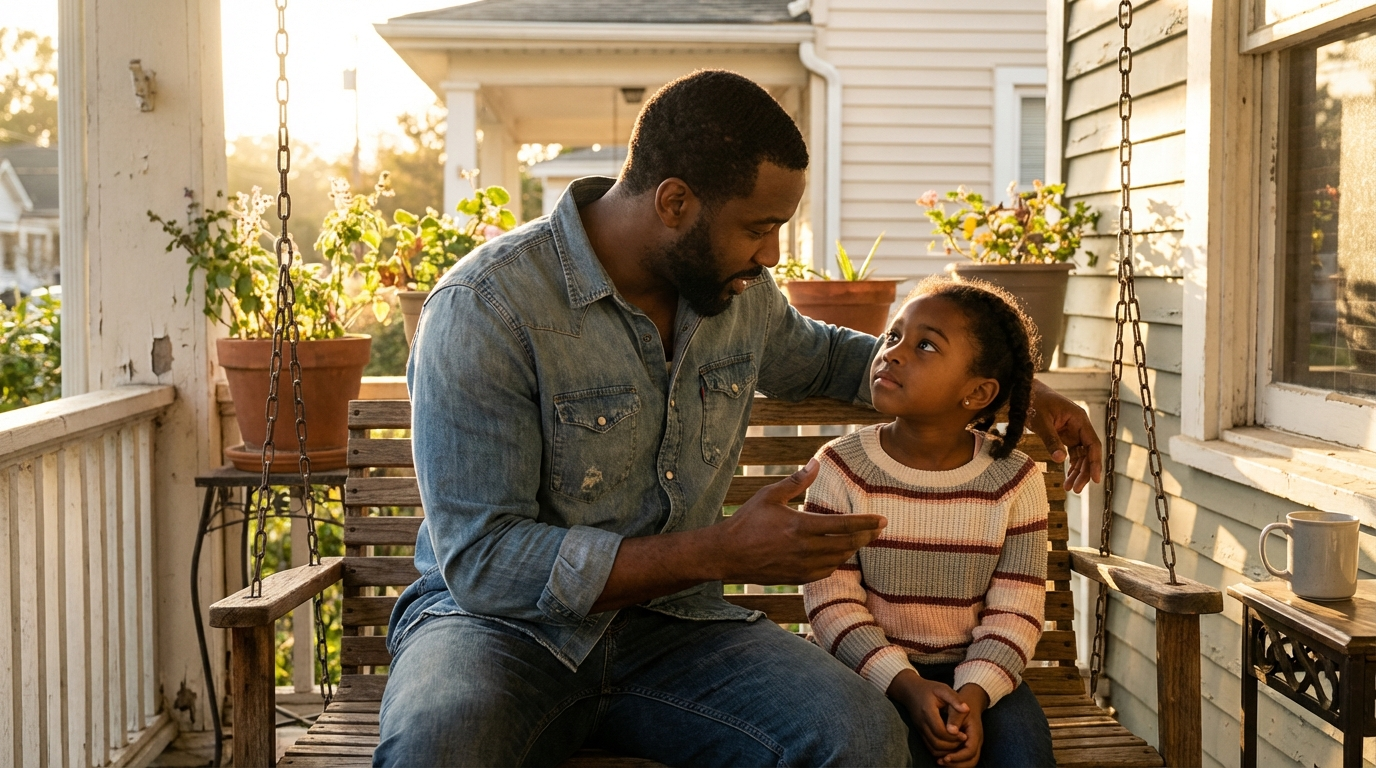 Black father having a warm conversation with his daughter on a porch