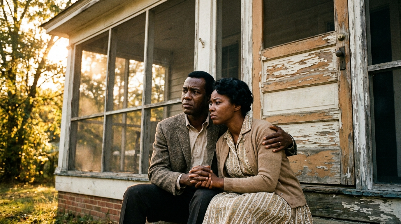 Black couple in 1960s standing at front door, determined despite hardship