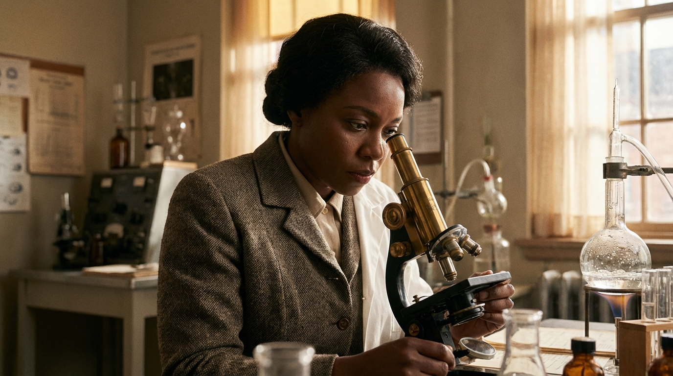 Black woman doctor in a 1950s hospital laboratory