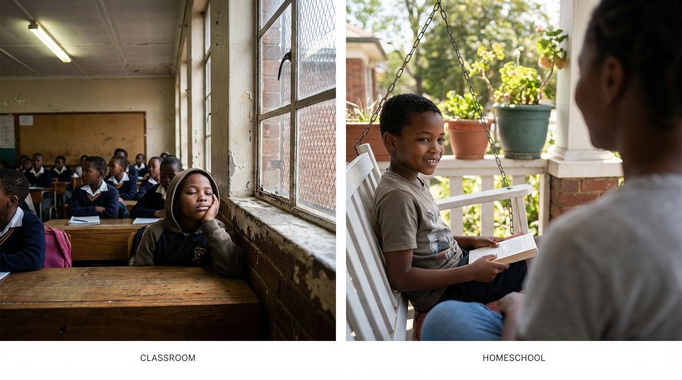 Black child looking bored in crowded classroom staring out window