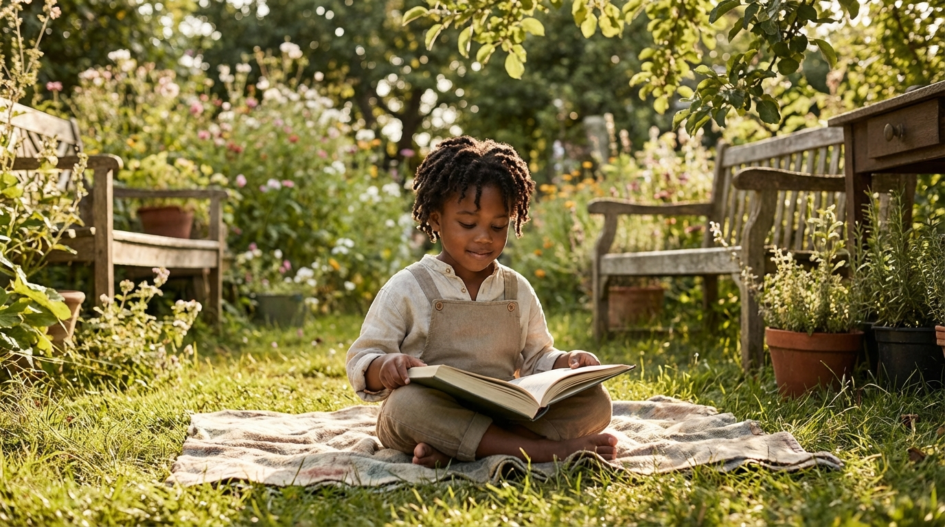 Black child reading peacefully in a garden