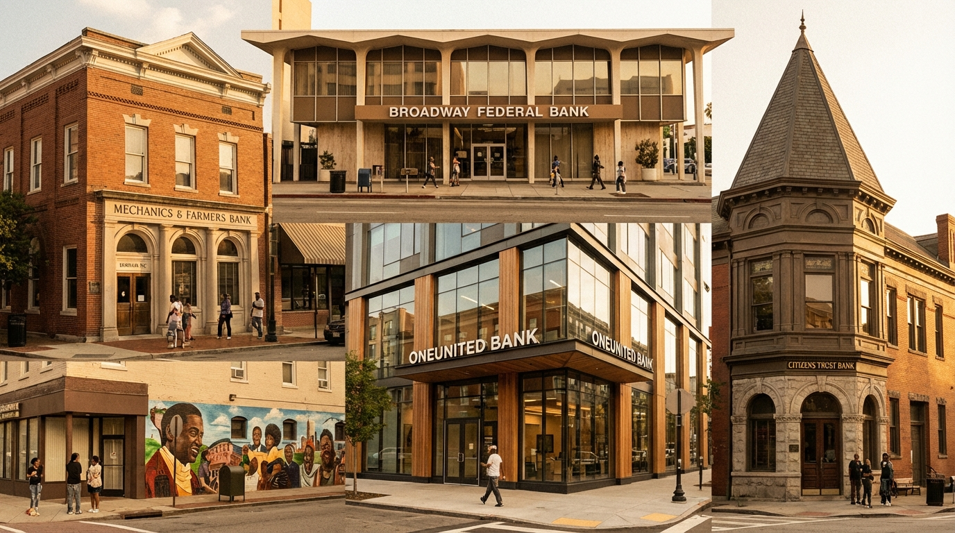 Various Black-owned bank buildings across America, architectural diversity