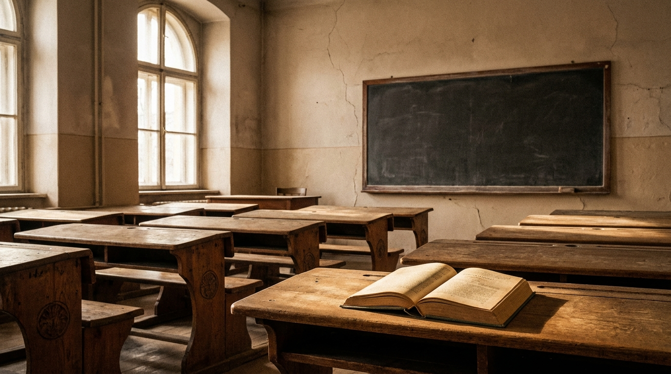 Empty classroom with history textbook representing education gaps
