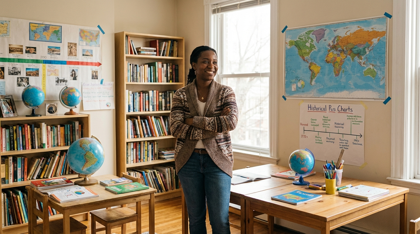 Black mother standing in vibrant home learning space with books and maps
