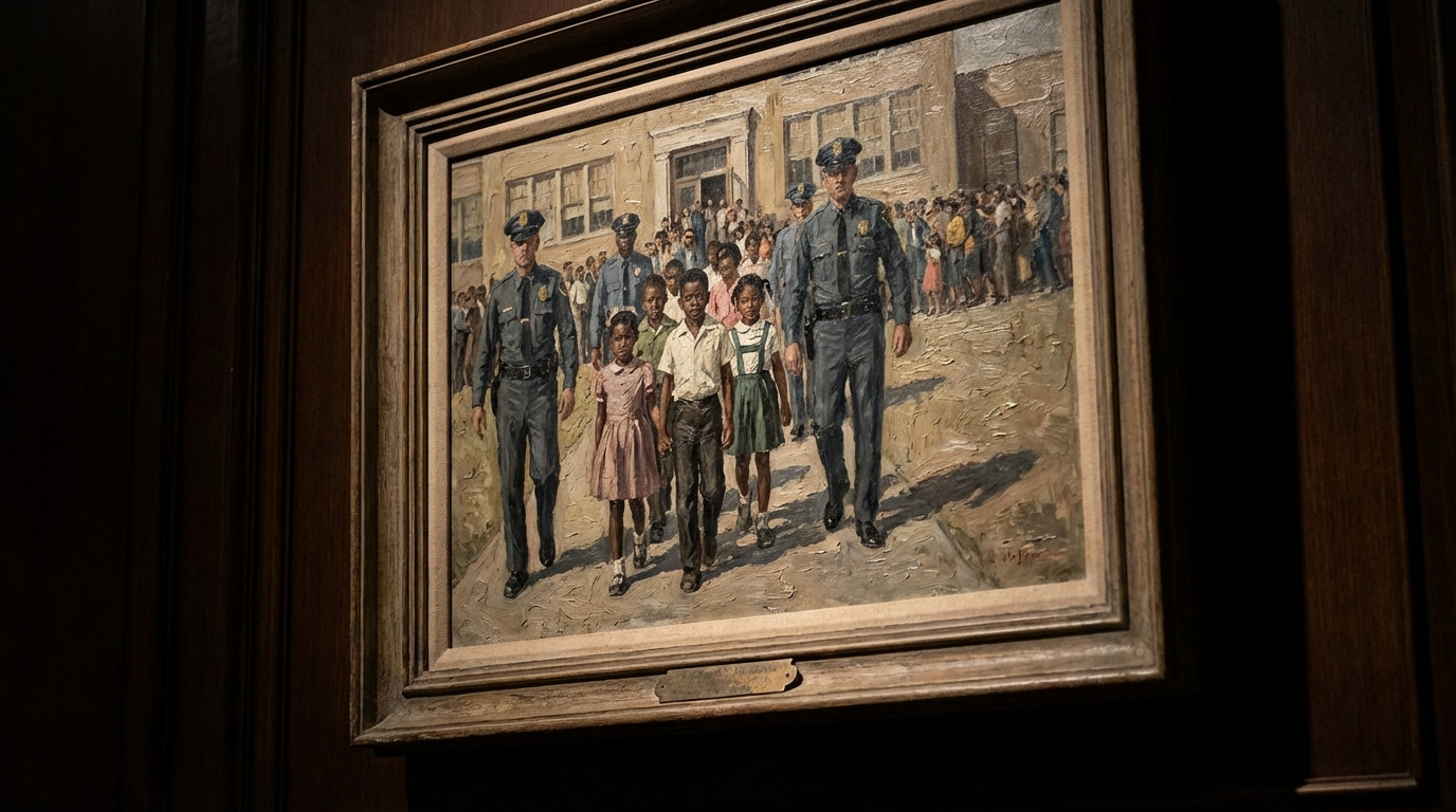 Civil rights era school desegregation depicted in art, gallery setting