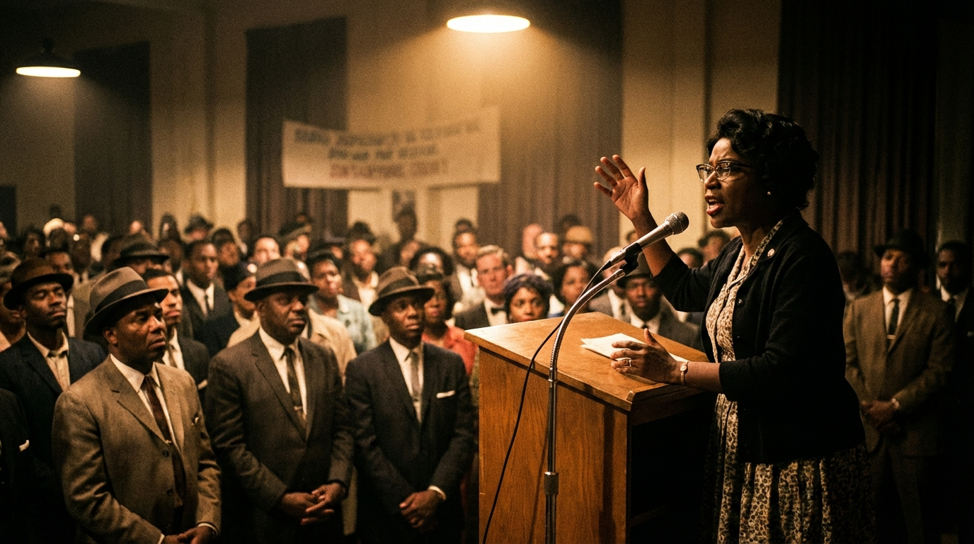 Black woman speaking passionately at a civil rights era meeting
