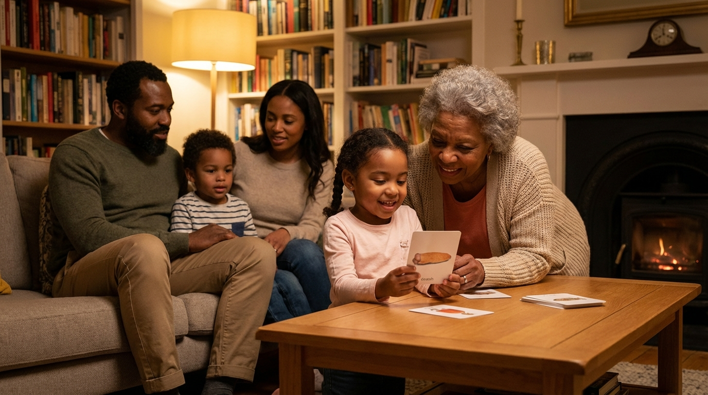 Black family studying flashcards together across generations