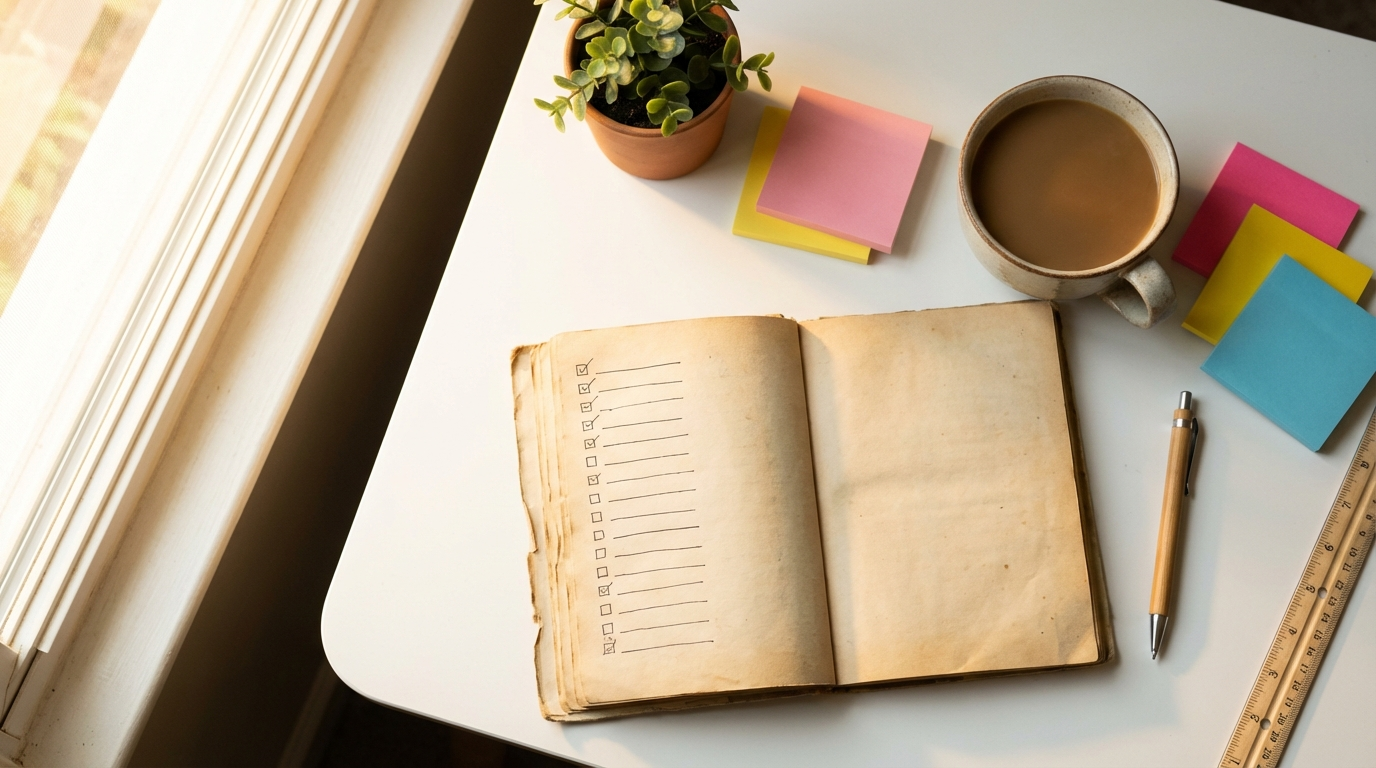 Homeschool planning notebook with checklist next to coffee and sticky notes