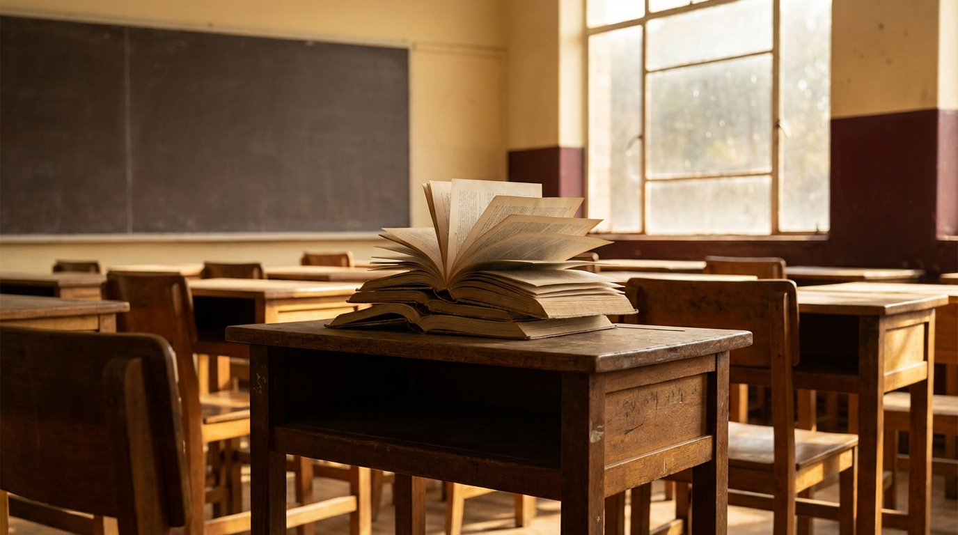 Stack of thin textbooks on empty classroom desk, what schools leave out