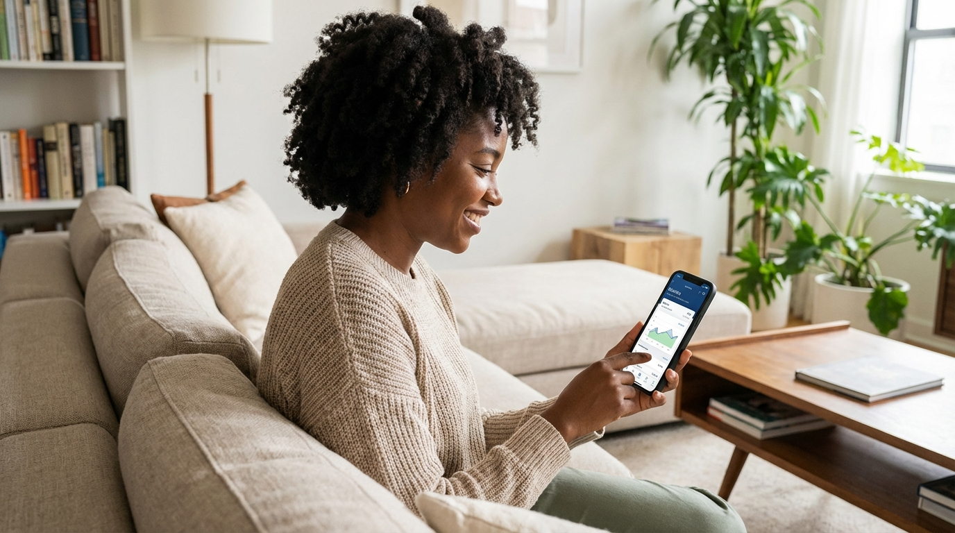 Black woman using banking app on phone at home, financial empowerment