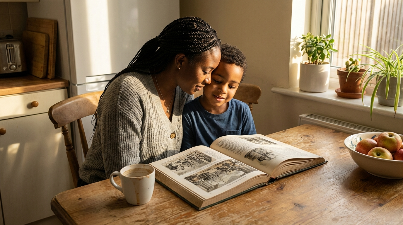 Black mother and son reading a history book together