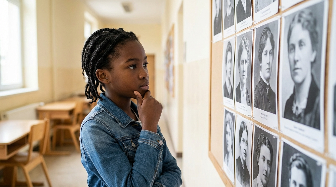 Young Black girl looking at a school bulletin board display