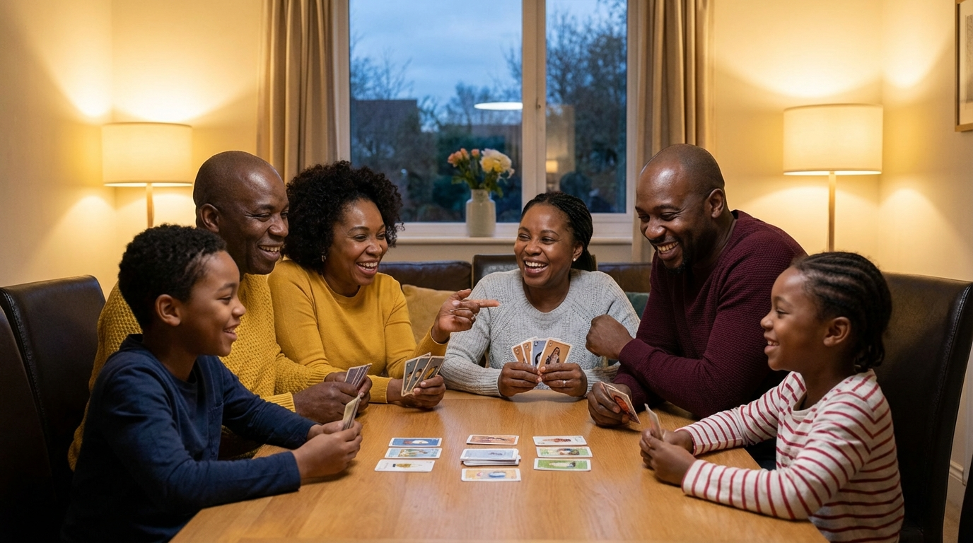 Black family playing educational card game together at table laughing