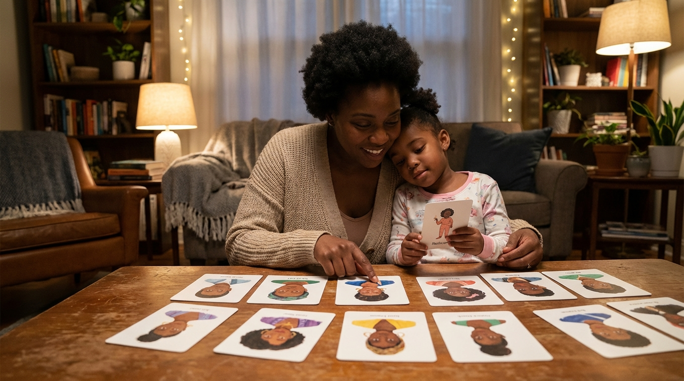 Black mother and daughter studying flashcards with portraits of Black women