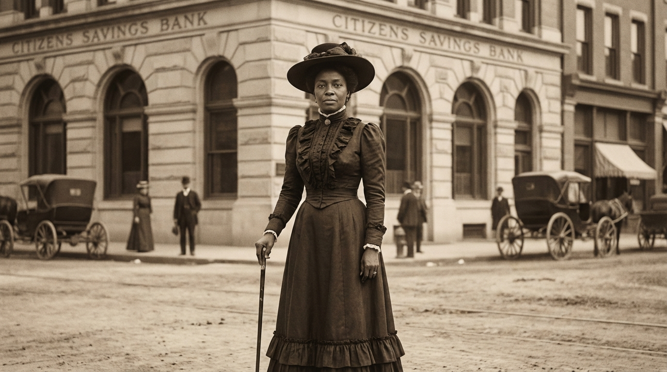 Historical portrait of dignified Black woman from early 1900s outside bank building