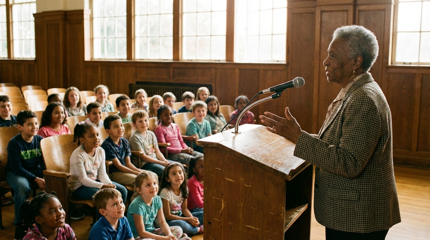 Elderly Black woman speaking to children at school auditorium