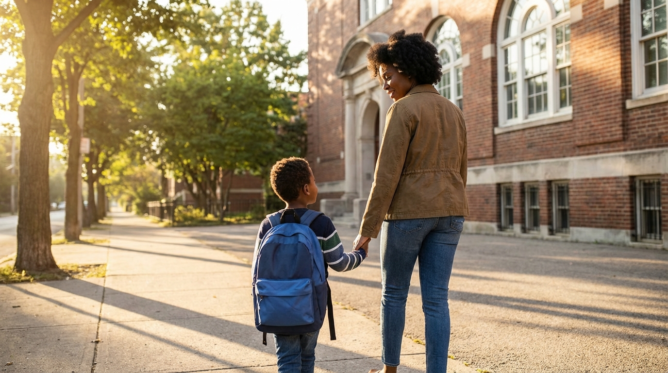 Black mother walking her son to school in morning light