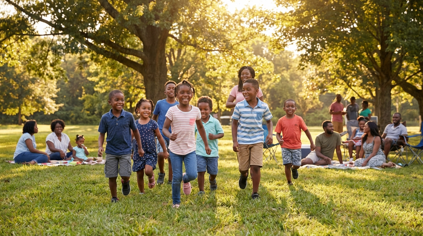 Black homeschooled children playing at park meetup with other families