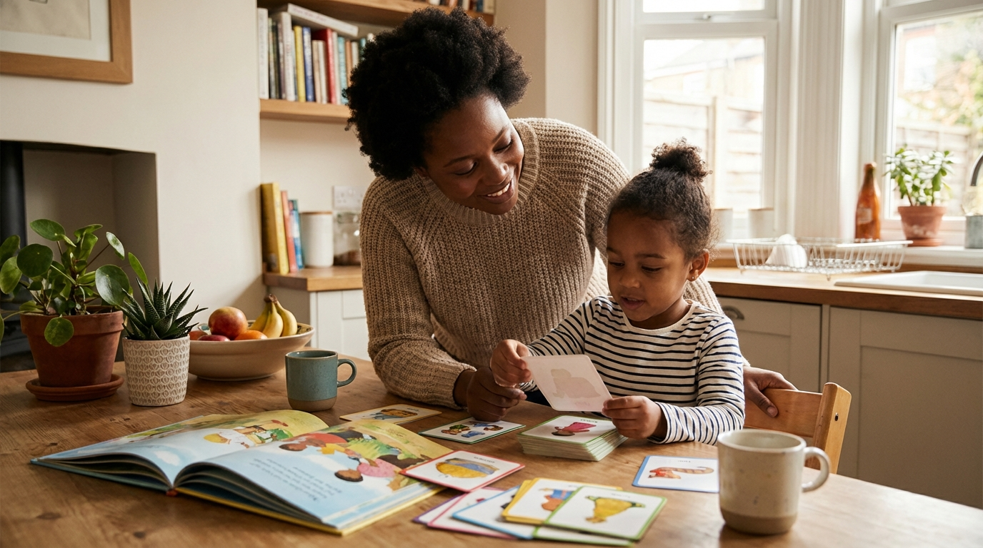 Black mother and daughter learning together with flashcards at kitchen table