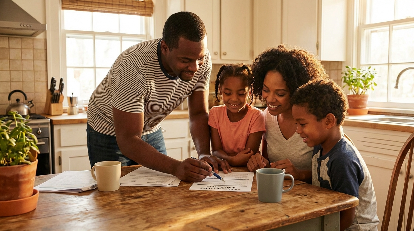 Black family at kitchen table, parent showing children savings account form