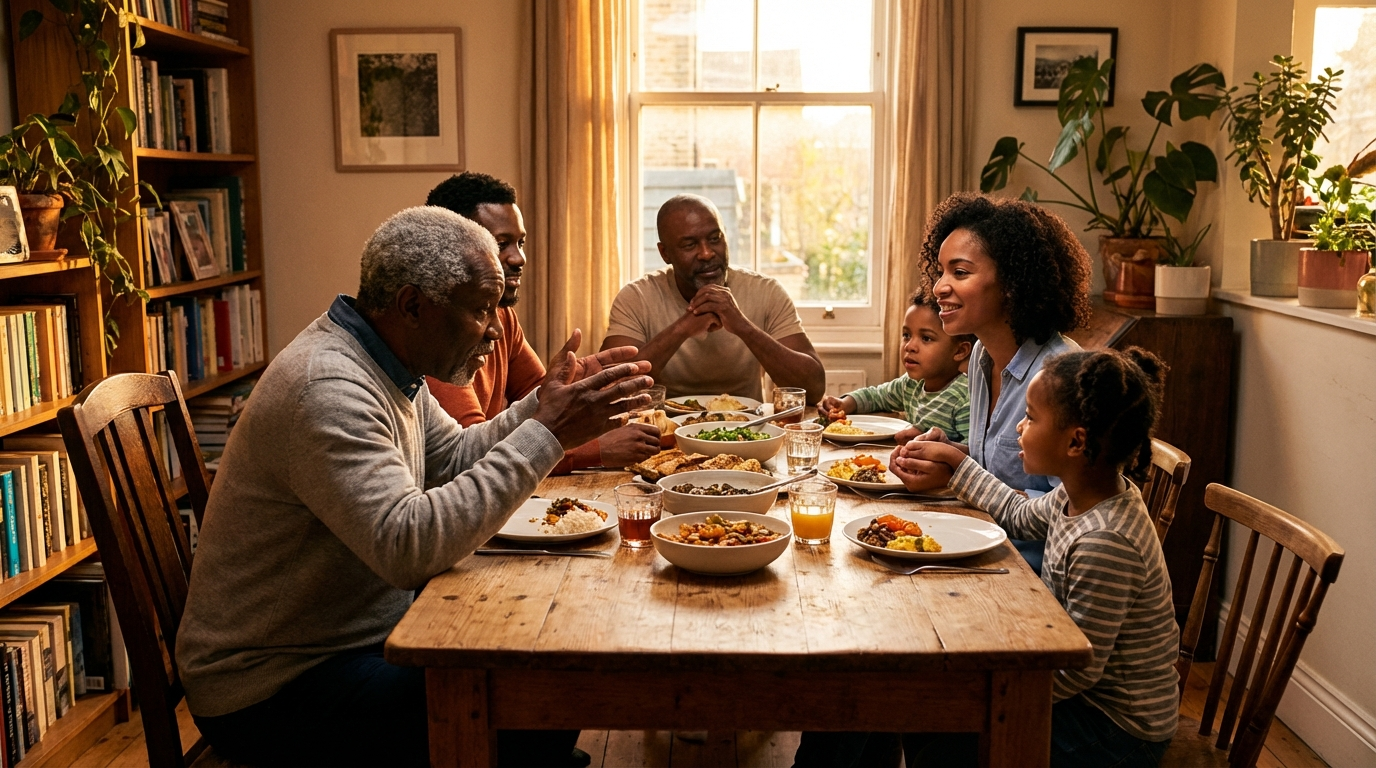 Black family having a meaningful conversation around the dinner table