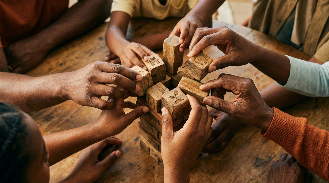 Overhead shot of Black hands building wooden block tower, unity and growth
