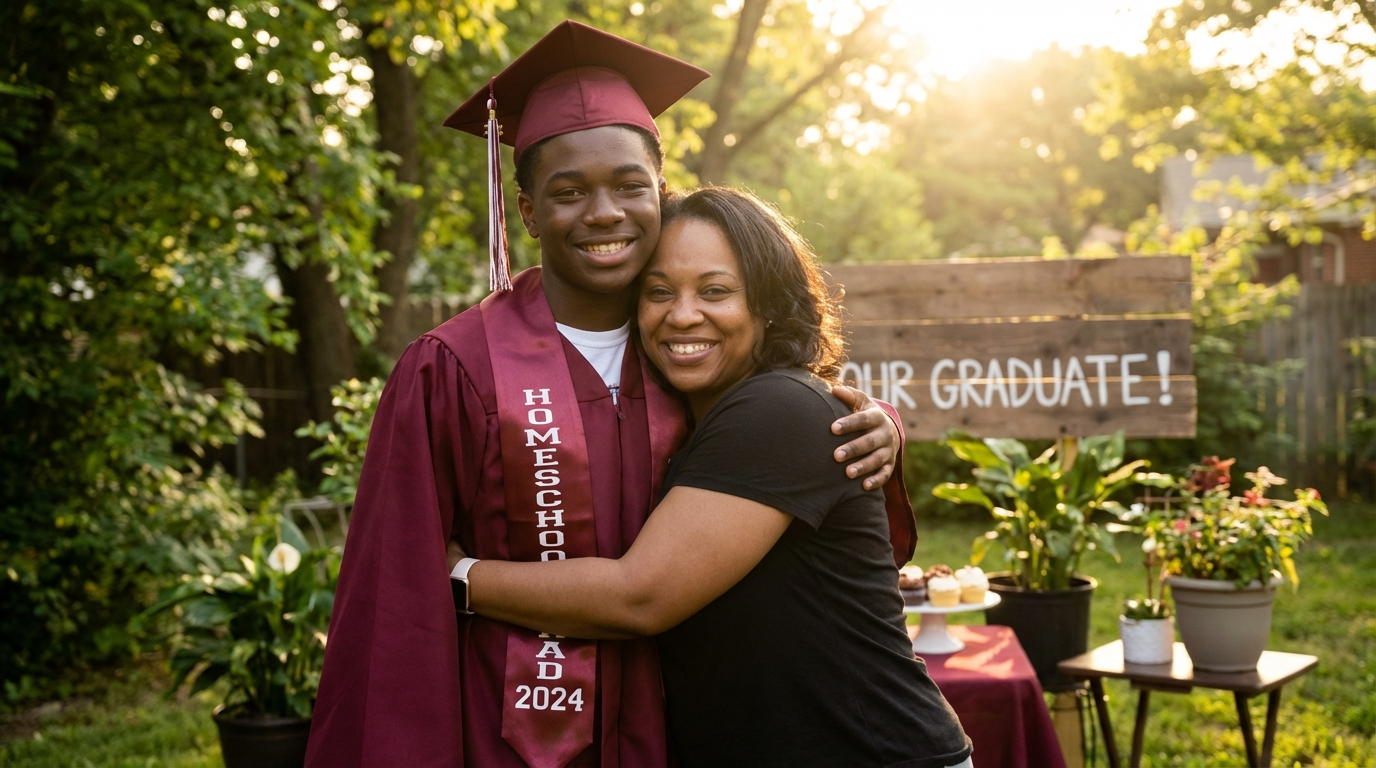 Proud Black teenager in graduation cap hugged by mother at backyard celebration