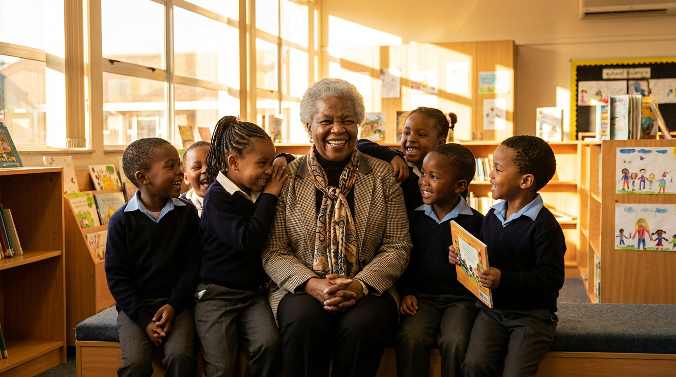 Dignified elderly Black woman visiting school, surrounded by children
