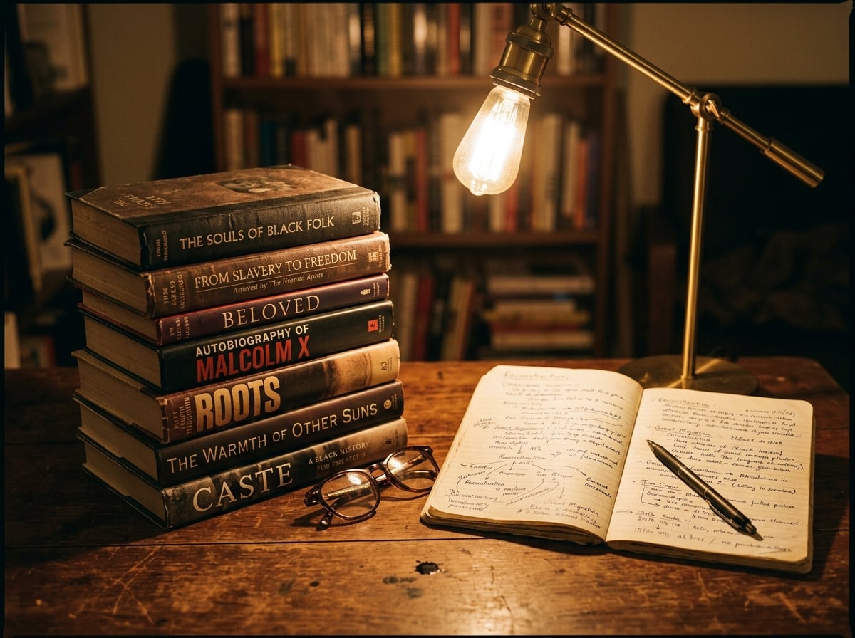 Black history books on desk representing knowledge and reading