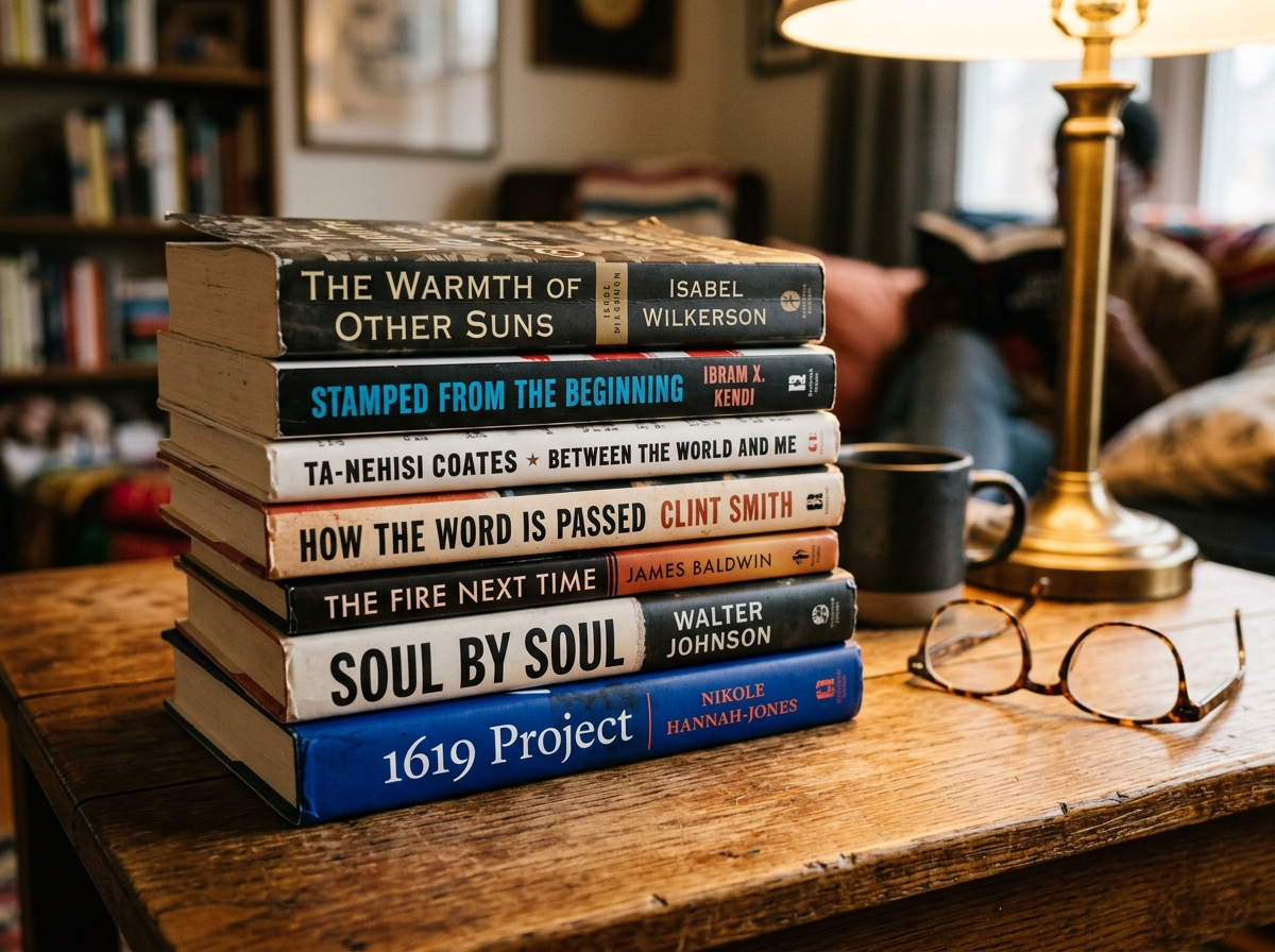 Black history books stacked on wooden table warm lamp light