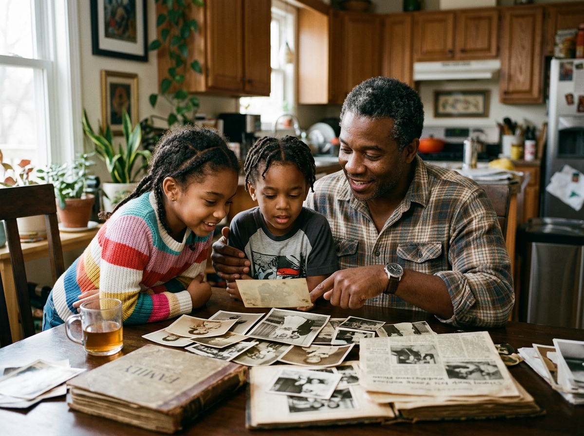 Black father sharing history and heritage with his children
