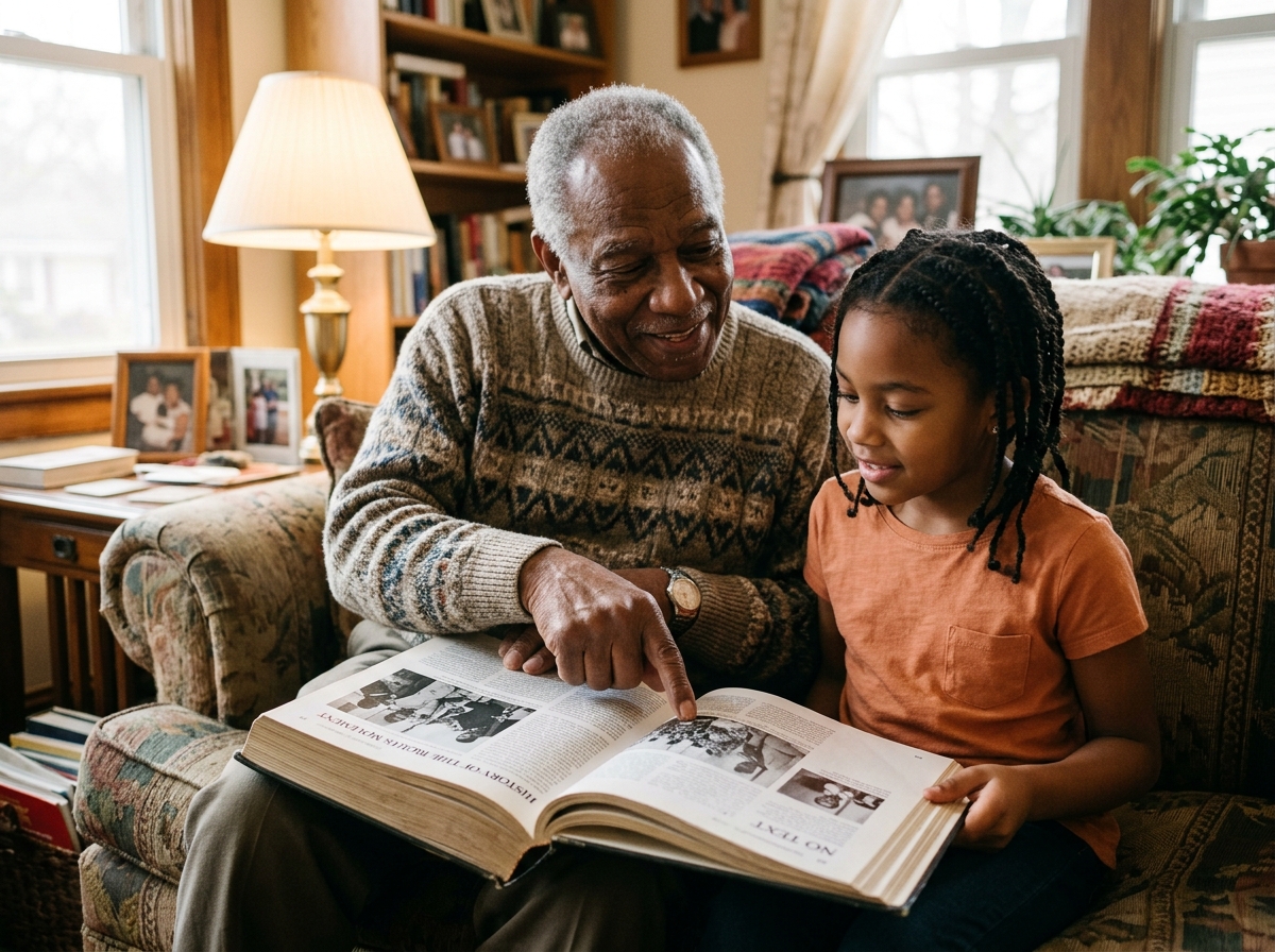Black grandfather and granddaughter sharing history together