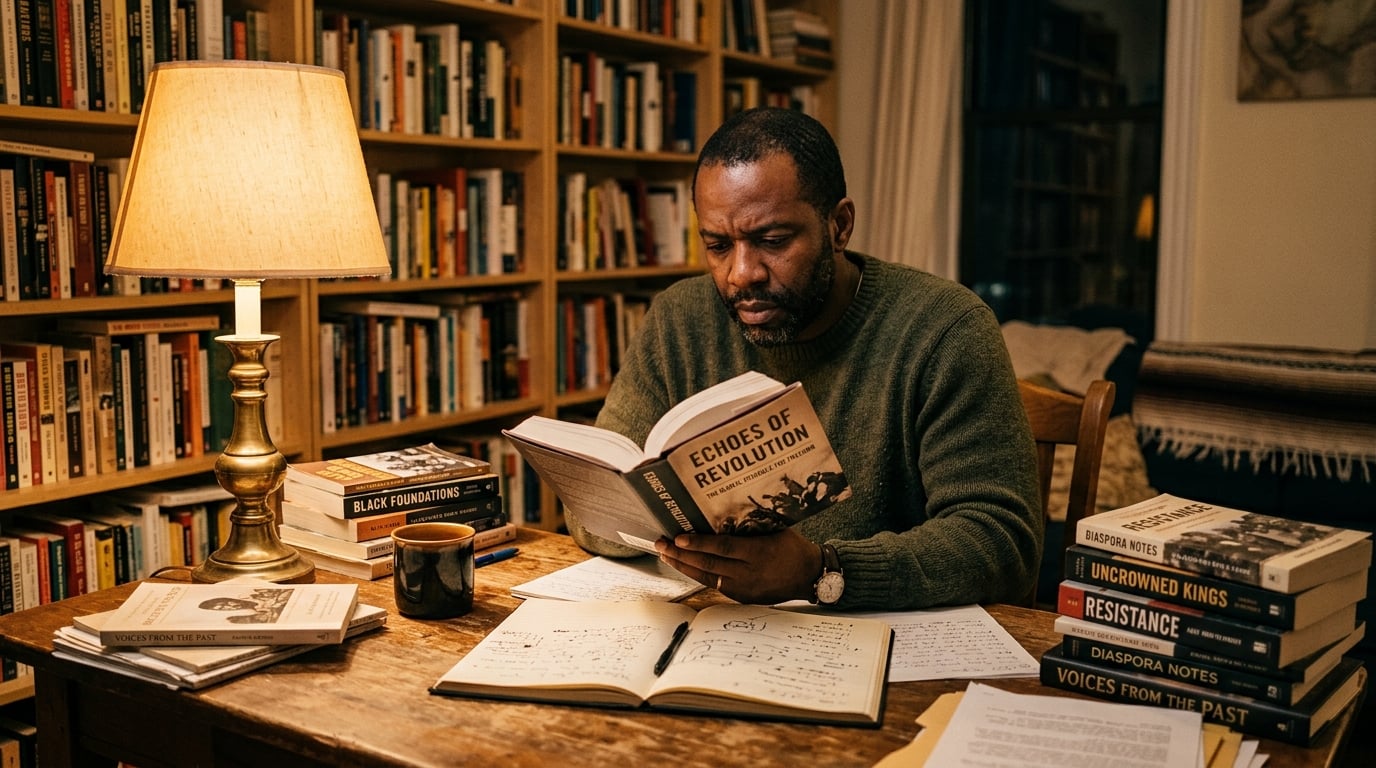 Black man reading powerful history book at kitchen table