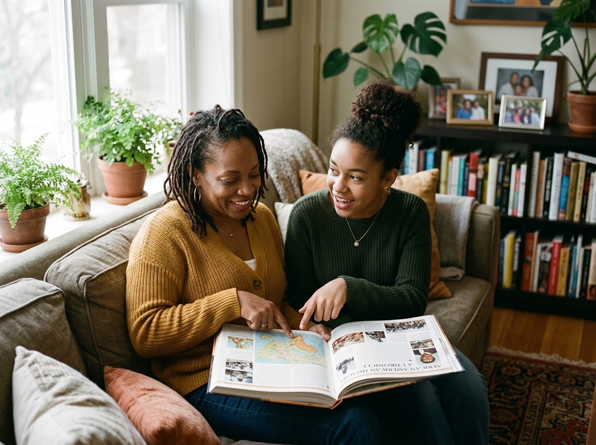 Black mother and daughter reading Black history together