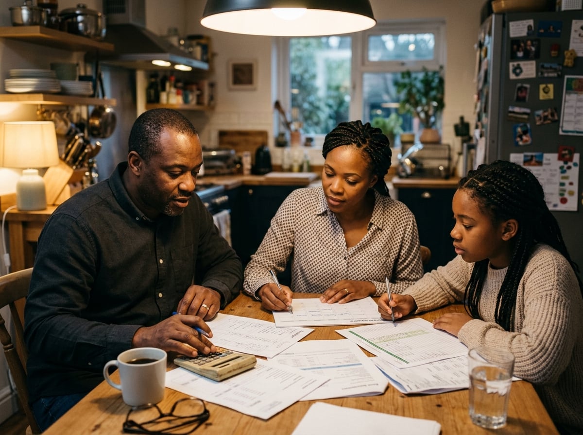 Black family studying household finances together at kitchen table