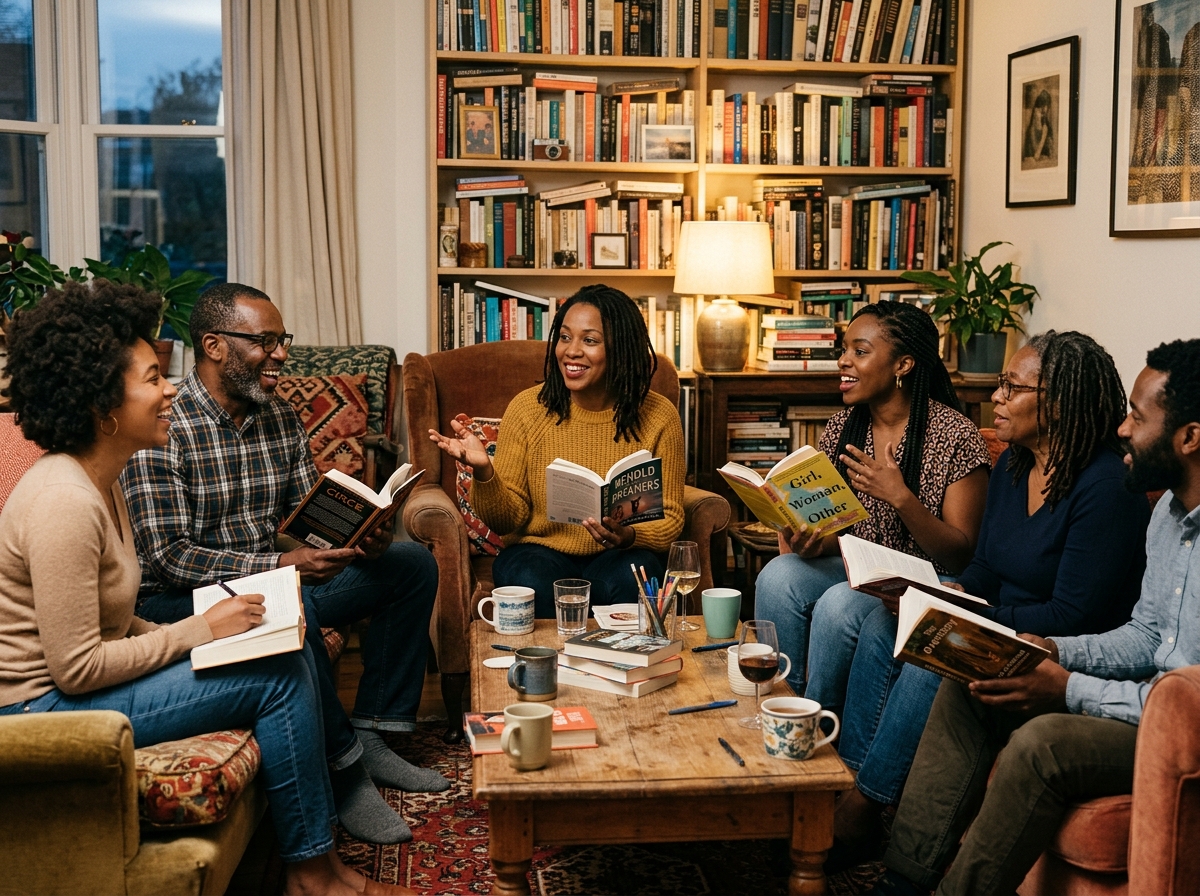 Black adults in animated book club discussion in a living room
