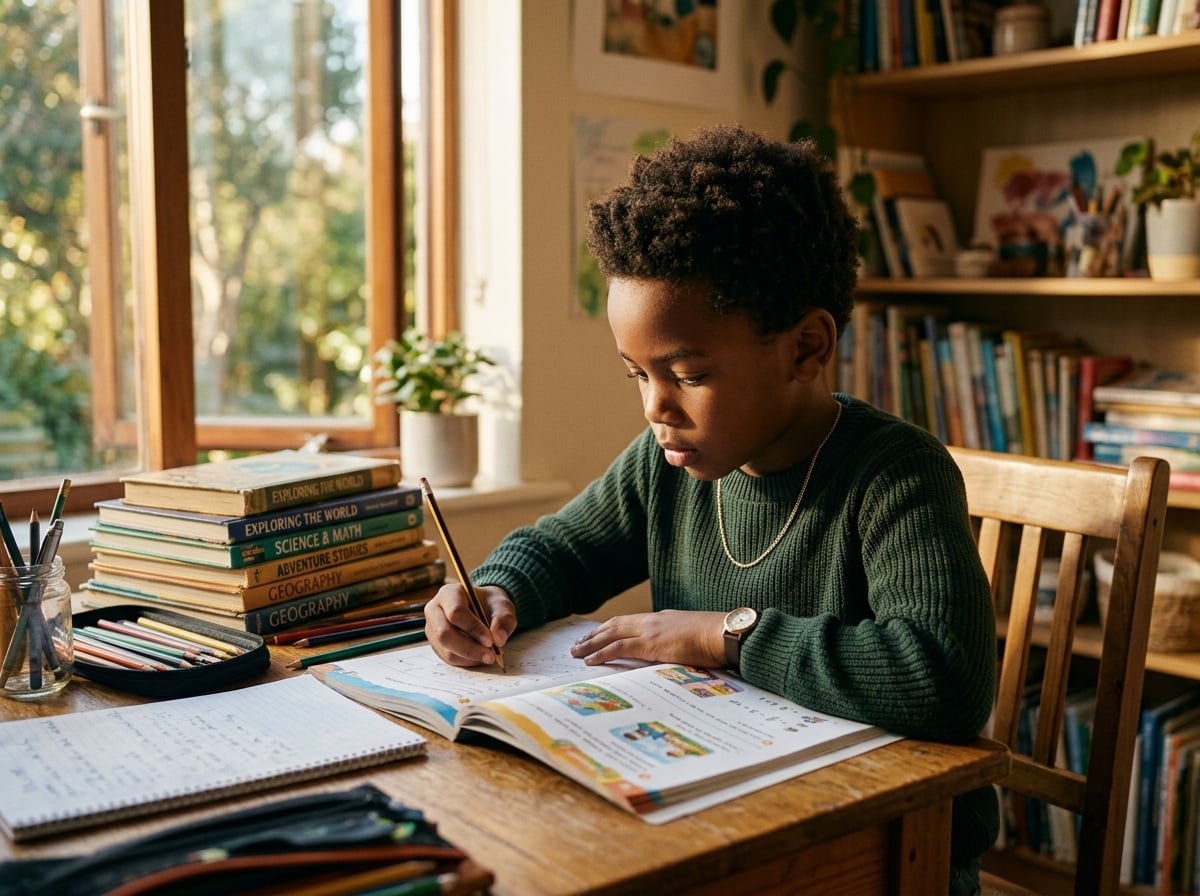 Child studying with flashcards