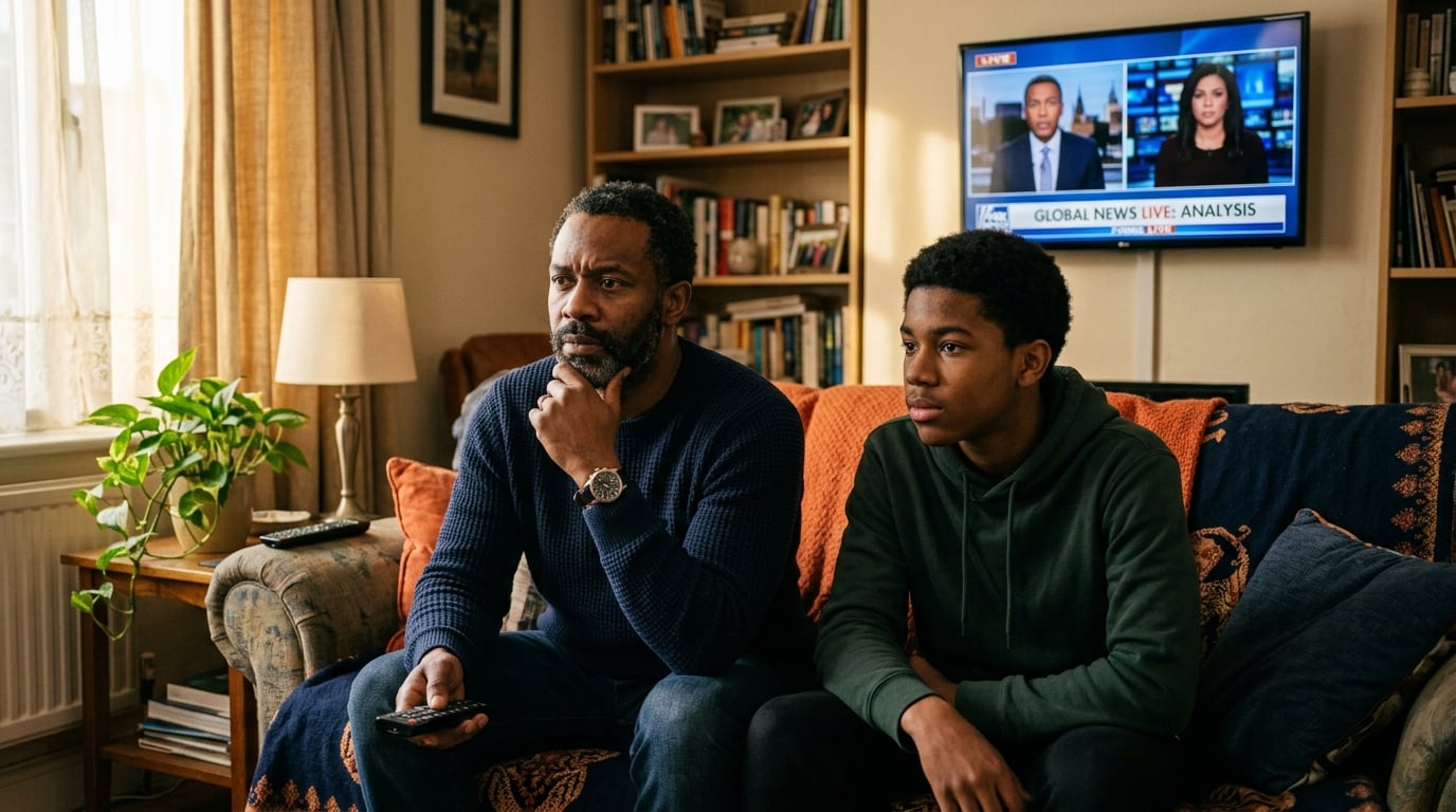 Black father and son watching the news and discussing it together