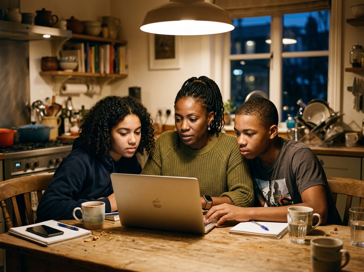 Black family gathered together discussing news and history