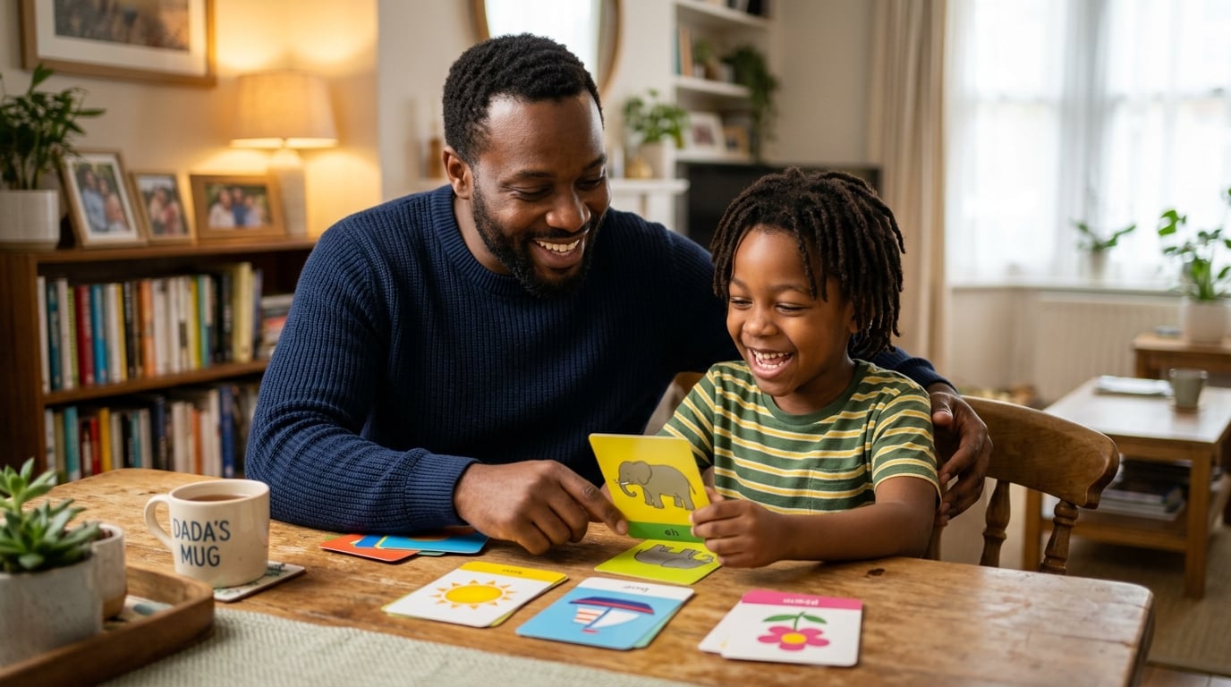Family learning with flashcards at table
