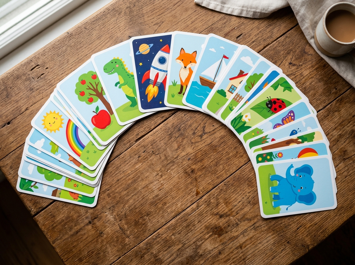 Educational flashcards spread on table