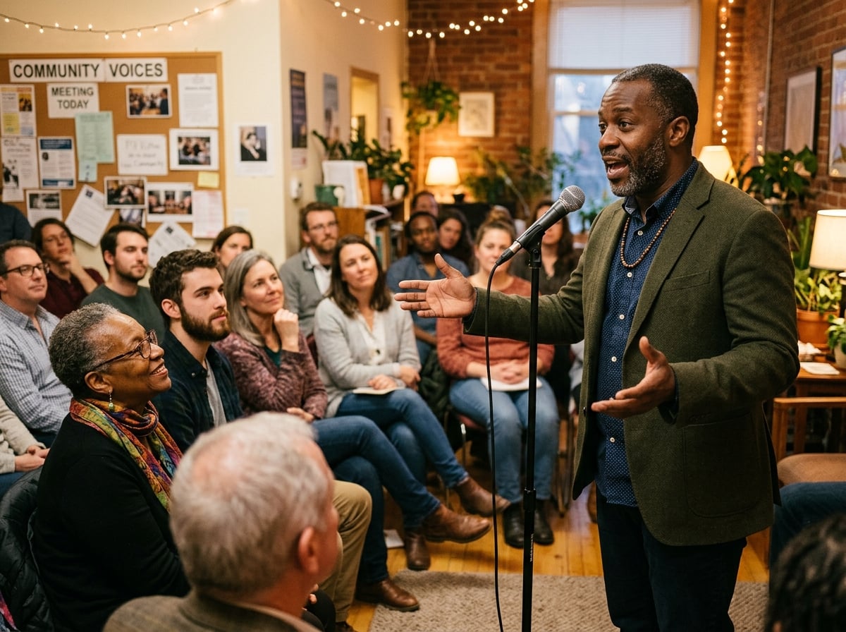 Black community members gathered in attentive discussion