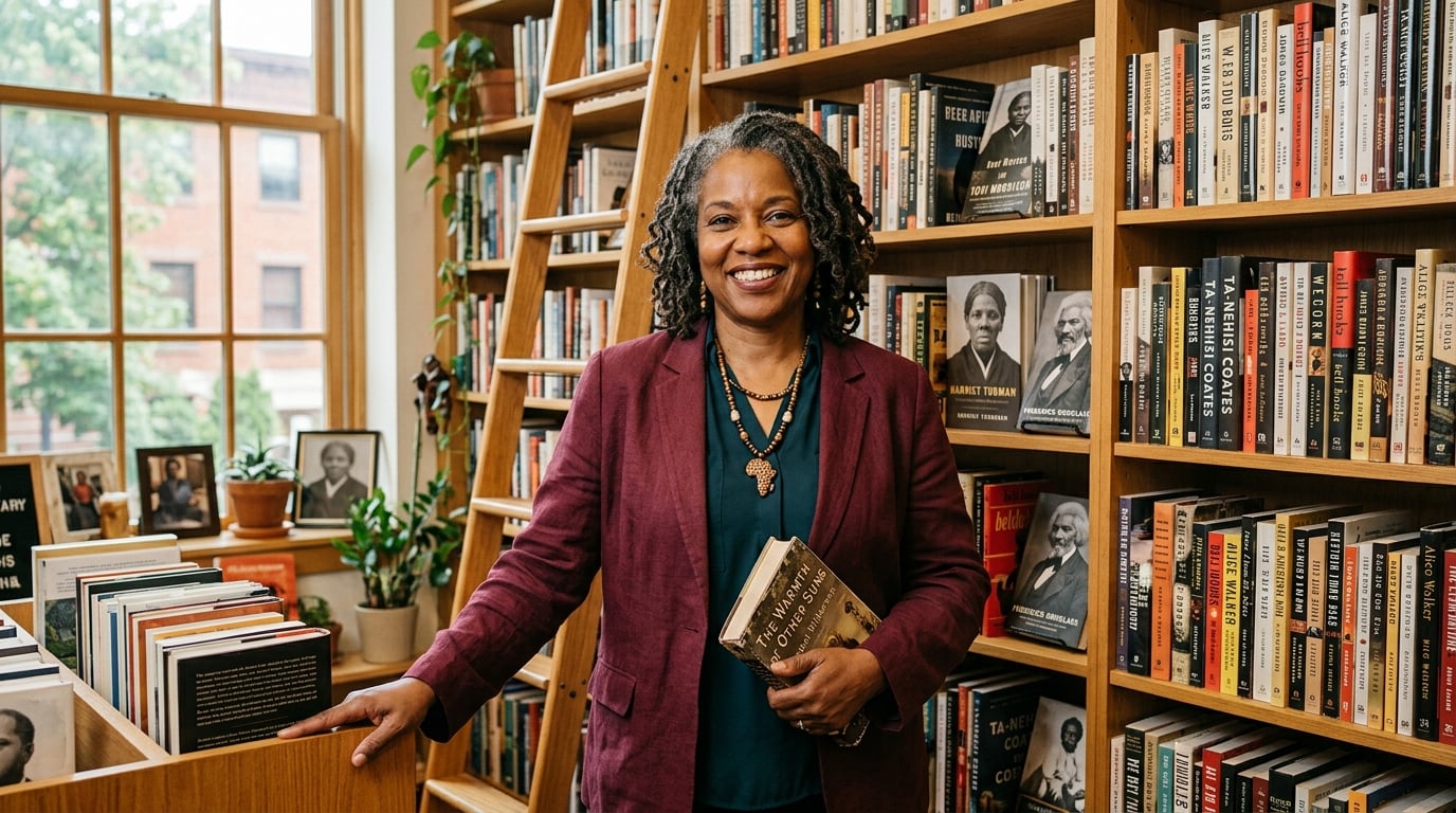 Black educator standing confidently with history books